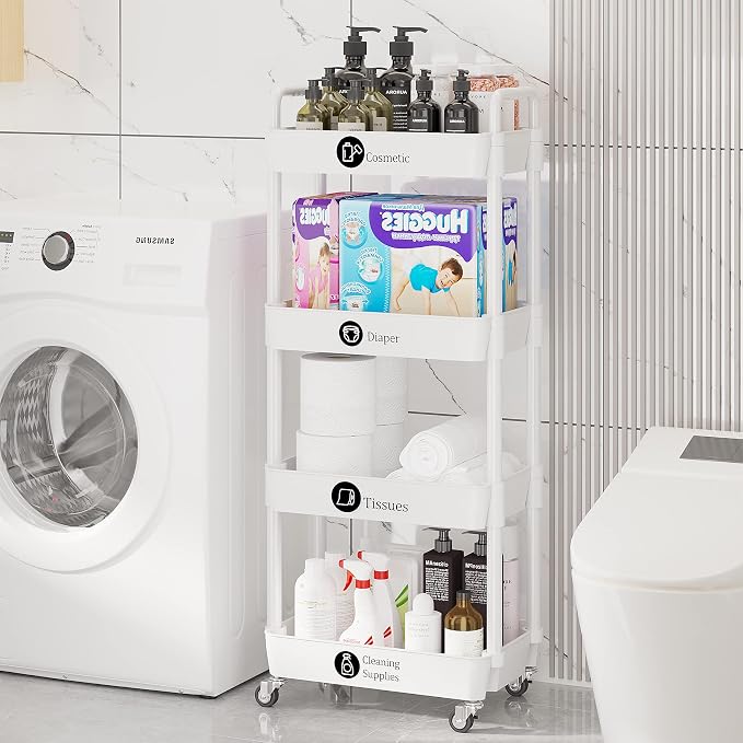 Laiensia 4-Tier Storage Carts,Multifunction Utility Rolling Cart Kitchen Storage Organizer,Mobile Shelving Unit Cart with Lockable Wheels for Bathroom,Laundry,Living Room,With Classified Sticker,White - Image 5
