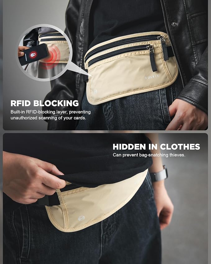 VULKIT Money Belt for Travel, Hidden Passport Holder, Anti-Theft Travel Wallet Under Clothes, RFID Blocking Waist Pouch, Undercover Fanny Pack, Cream White - Image 4