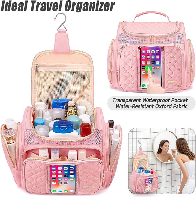 Tealari Large Toiletry Bag for Women Men,Bathroom Bag,Water Resistant Shower Bag,Makeup Bag,Portable Shower Caddy for College Dorm,Hanging Travel Toiletry Bag with Transparent Waterproof Phone Pocket - Image 2