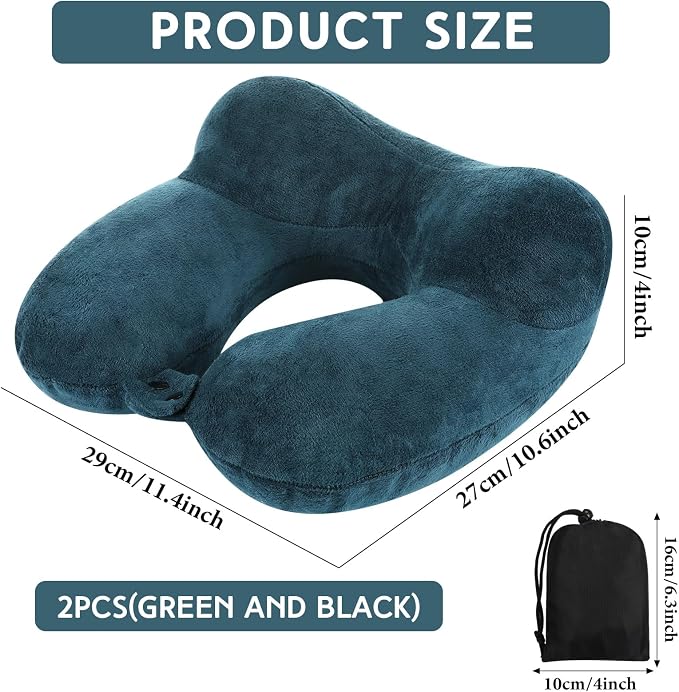 Sintuff 2 Pack Inflatable Travel Pillow for Airplanes Inflatable Neck Flight Pillows with Compact Bag and Blindfold for Traveling, Airplane, Train, Car, Office(Peacock Green and Black) - Image 2