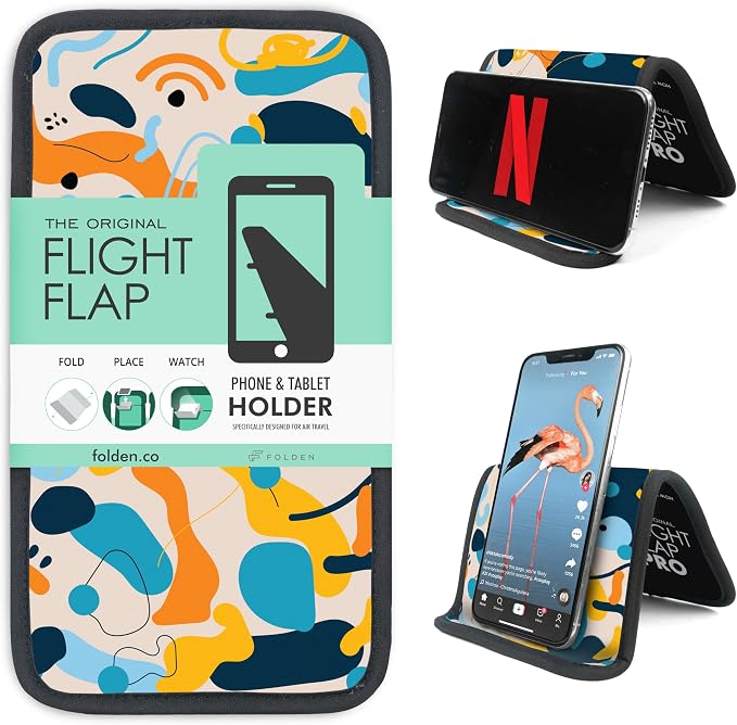 Airplane Phone Holder - Foldable Phone Stand for Plane Travel | Aluminum Build, 9 x 5 in. Boho Blue, Tabletop Mount Desk, Plane Tray Seat back, Treadmill, Fits iPhone Cell Phone by FlightFlapbyFolden