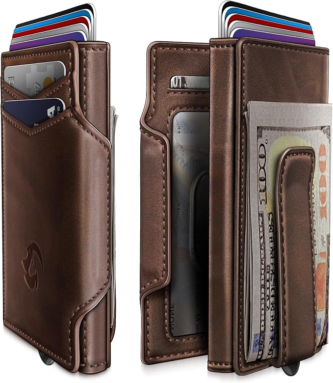 Wallet for Men, Slim Pop Up Card Holder with RFID Blocking, Minimalist Bifold Wallet with 10 Card Slots, 2 ID Window and Money Clip, Metal Flip Case with Magnetic Closure, Gift Box by Housmai