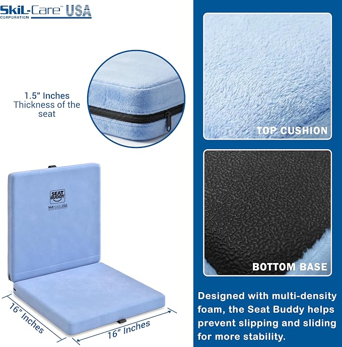 Skil-Care Seat Buddy Cushion, Foldable, 16"x16", Blue Cozy Cloth, 914350 | 1.5" Foam Padding, Non-Slip Bottom, Snap-Close Fold, Built-In Handle, Removable Zippered Cover, Machine Washable, Travel Use - Image 2