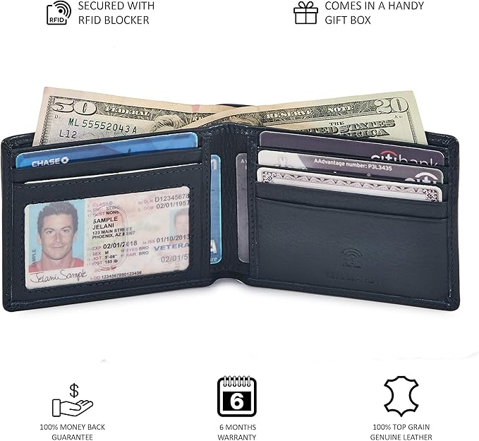 Real Leather Mens Bifold Wallet RFID Blocking Slim Minimalist Front Pocket - Thin & Stylish with ID Window in Gift Box (Nappa, Midnight Navy) - Image 5
