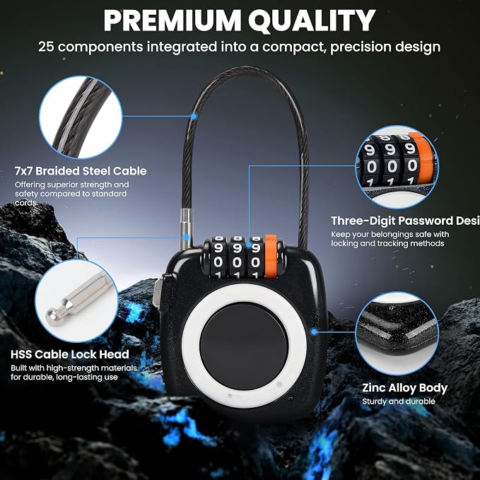 3-Digit Combination Holder Lock Compatible with Apple AirTag, Steel Cable – Alloy Body Ultra Durable Secure Anti-Theft for Luggage, Backpack, Bags, Suitcase, Gym Locker, Travel Safe (Black) - Image 3