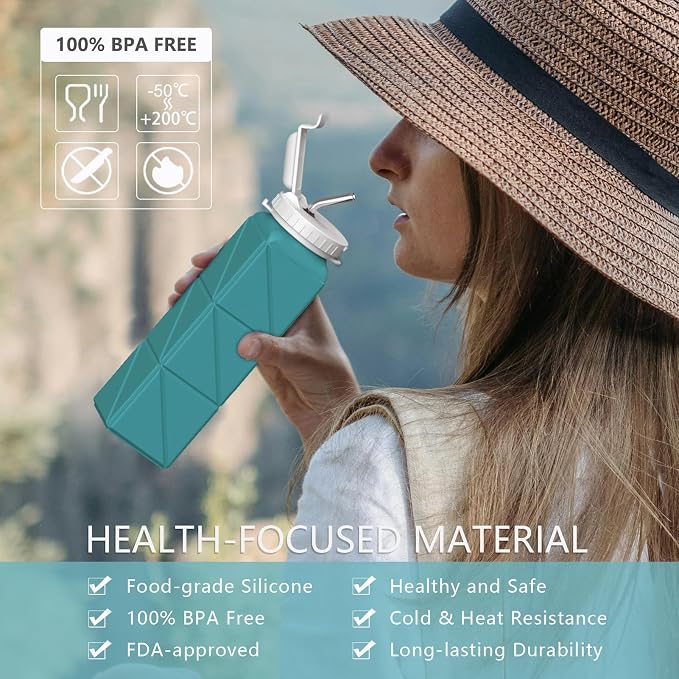 BEAUTAIL Collapsible Water Bottles with Straw 21 oz, Travel Water Bottle | BPA Free, Leakproof & Reusable, Silicone Foldable Water Bottle for Traveling, Hiking, School, Sports, Outdoor, 1-Pack, Blue - Image 3