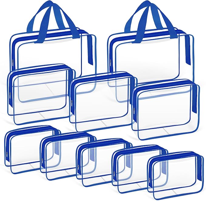 TISRATOK 10 PCS Clear Travel Bags for Toiletries, Clear Makeup Bags（Blue） | 3 Size plastic clear bags with zipper handbag, TSA approved cosmetic pouch for travel, swimsuit,toy storage bags by TISRATOK