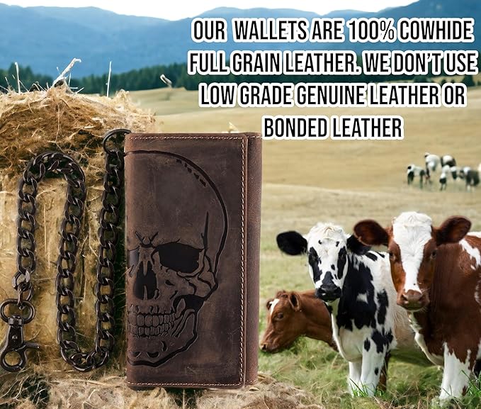 F&L CLASSIC RFID Blocking Mens Tri-fold Long Style Cowhide Leather Steel Chain Wallet,brown distress with skull,212-70 - Image 5