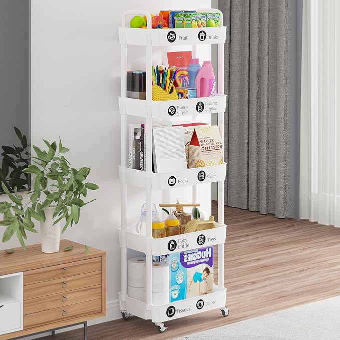 Laiensia 5-Tier Rolling Cart with Wheels,Multifunction Utility Storage Carts, Kitchen Storage Organizer,Mobile Shelving Unit for Bathroom,Laundry,with Classified Stickers,White - Image 5