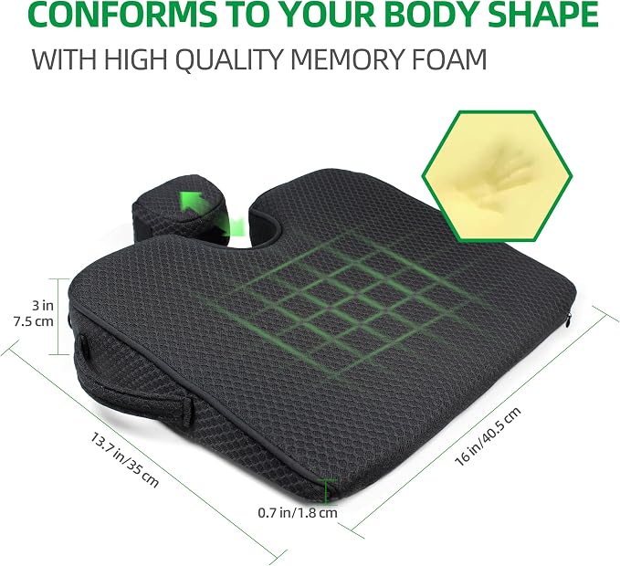Wedge Seat Cushion Orthopedic Coccyx Tailbone Pain Relief Cushion, Memory Foam Ergonomic Wedge Pillow for Office Chair, Driving, Wheelchair, Gaming Non-Slip Bottom with Portable Handle - Image 2