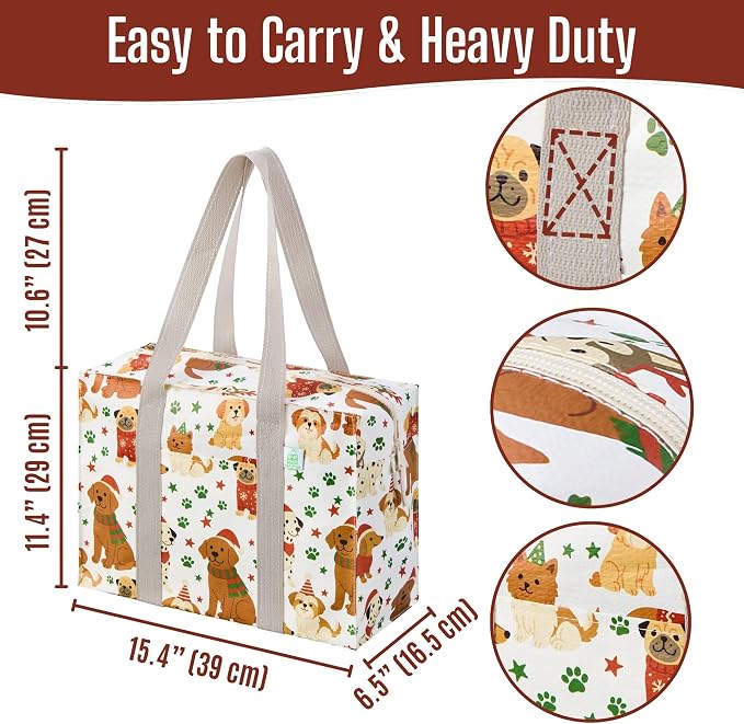 VENO 4 Pack Utility Tote Reusable Grocery Bags with Zipper & Hard Bottom | Heavy Duty Foldable Water-Resistant Shopping Bags for Summer Beach, Pool, Picnic & Travel Carry-on (Holiday Pups, 4 Pack) - Image 3