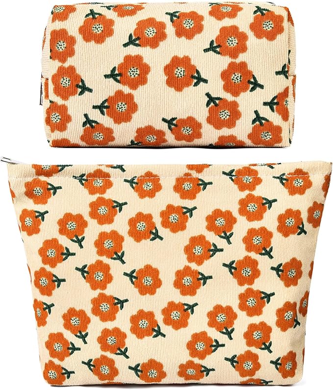 SOIDRAM 2 Pieces Flower Makeup Bag Large Corduroy Cosmetic Bag Capacity Canvas Mix Travel Toiletry Bag Organizer Cute Makeup Brushes Aesthetic Accessories Storage Bag for Women, Flower Mix Orange by SOIDRAM