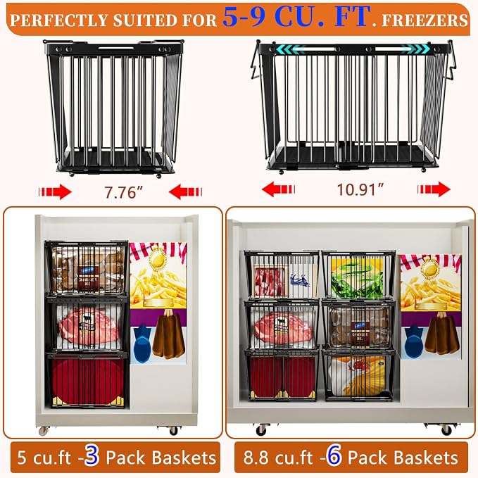 Large Freezer Organizer Bins for 5 to 9 Cu.Ft,Leak-Proof Bottom，6Pack | ANJUBANFreezer Organizer Bins, Stackable,expandable,foldable,With handle Wire Storage Container Baskets for Sort Frozen Meats - Image 5