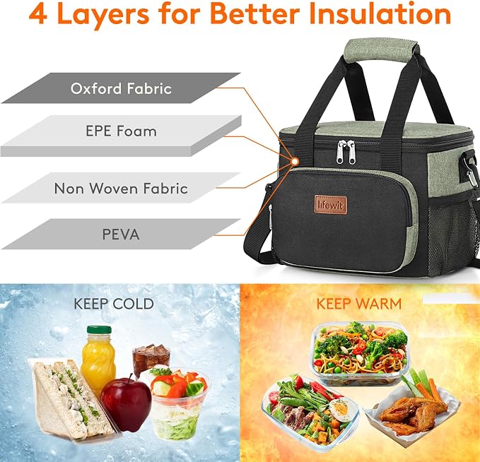 Lifewit Medium Lunch Bag, Insulated Lunch Box, Soft Cooler Cooling Tote for Adult Men Women, Black and Green 12-Can (9L) - Image 2