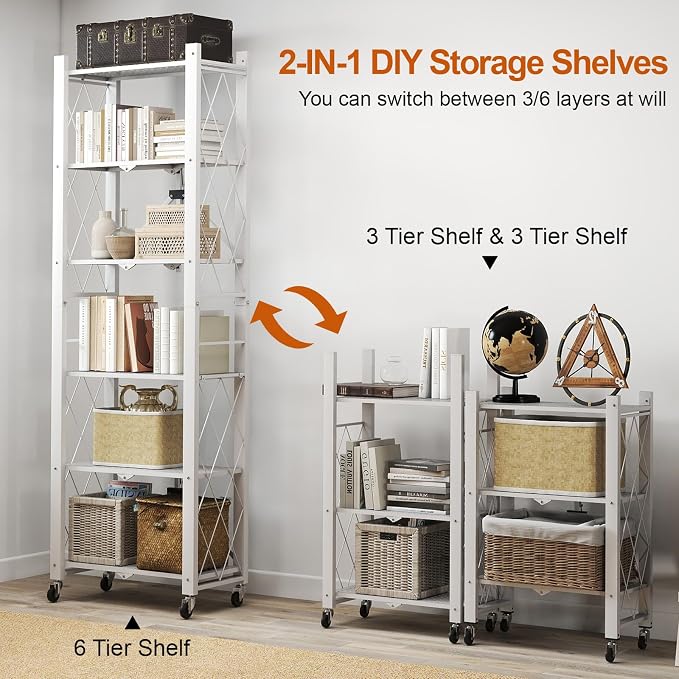 6-Tier Foldable Storage Shelves with Wheels, Folding Metal Shelf Unit | Folding Bookshelf no Assembly, Collapsible Shelves for Craft Shows for Kitchen, Bedroom, Living Room, White - Image 4