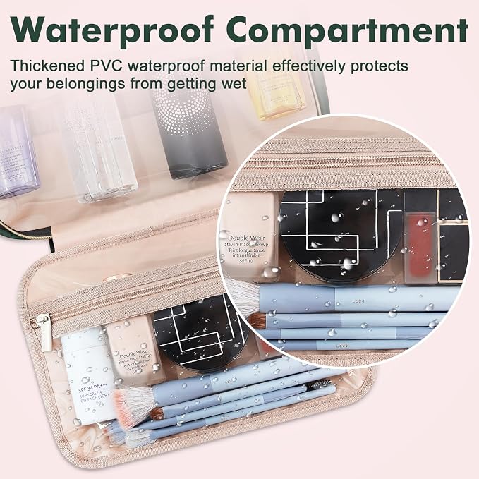 Toiletry Bag for Women, Medium Cosmetic Travel Bag, Hanging Toiletry Bag for Bathroom, Thickened PVC Waterproof Makeup Bag, Toiletries Bag for Travel Business Trips and Camping, Dark Green - Image 3