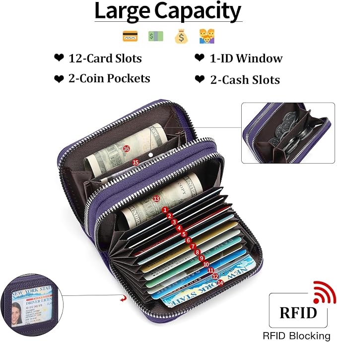 RNIEGA Credit Card Holder Wallet RFID Blocking Leather Small Wallet for Women Double Zipper Wallet with ID Window - Image 3