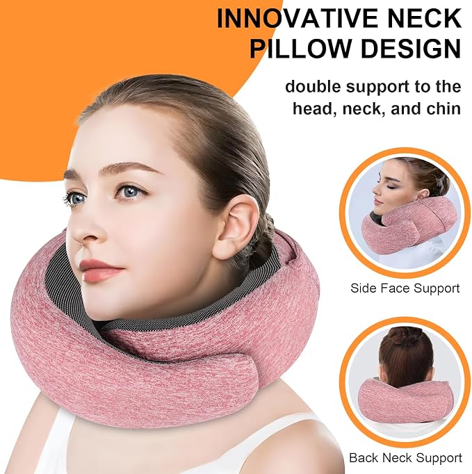 Travel Pillow - Hooded Neck Pillow Airplane Memory Foam Filling | for Plane, Office, Cars Sleeping, Road Trip, Long Flights Essentials, Includes Eye Mask & Earplugs (Red) - Image 3