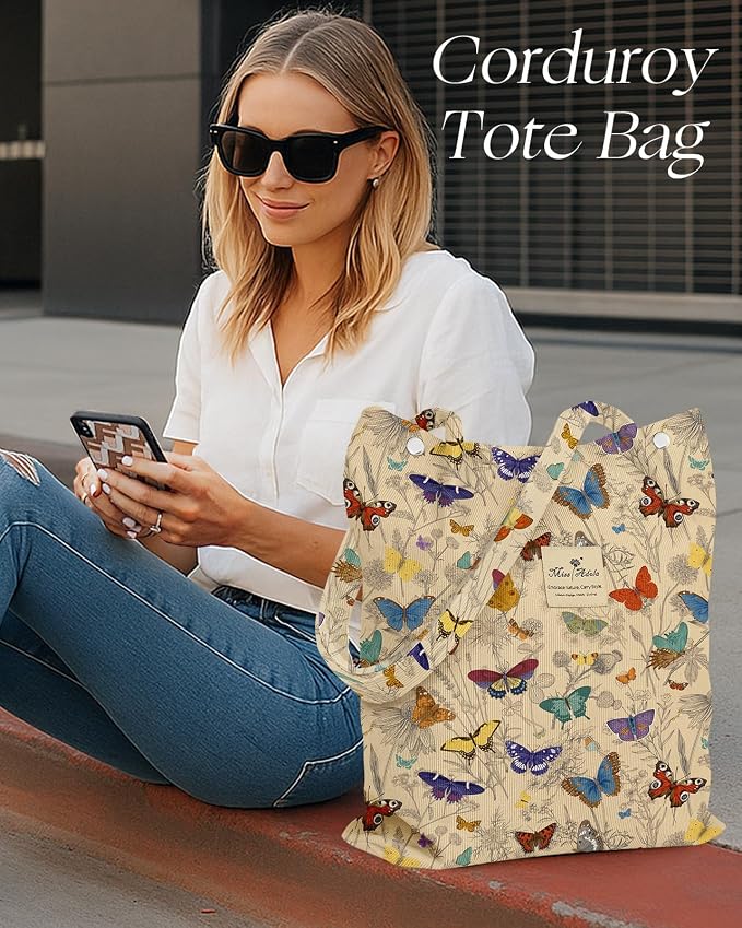 Miss Adola Corduroy Tote Bag for Women with Aesthetic Design | Magnetic Buckle & Pocket, Reusable, Soft, Roomy, Long Shoulder Handles, Double-sided Print, Casual Daily Work, Grocery Bags - Image 6