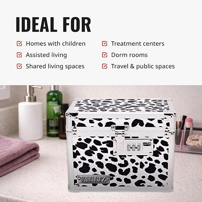 Vaultz Locking Medicine Box with Combination Lock - Secure Metal Lock Box Safe for Medication, Pills & Valuables, Small Lockbox with Code, Portable Storage Case, Leopard | Metal lock box, storage case for medication and small valuables, 3-digit combina... - Image 6