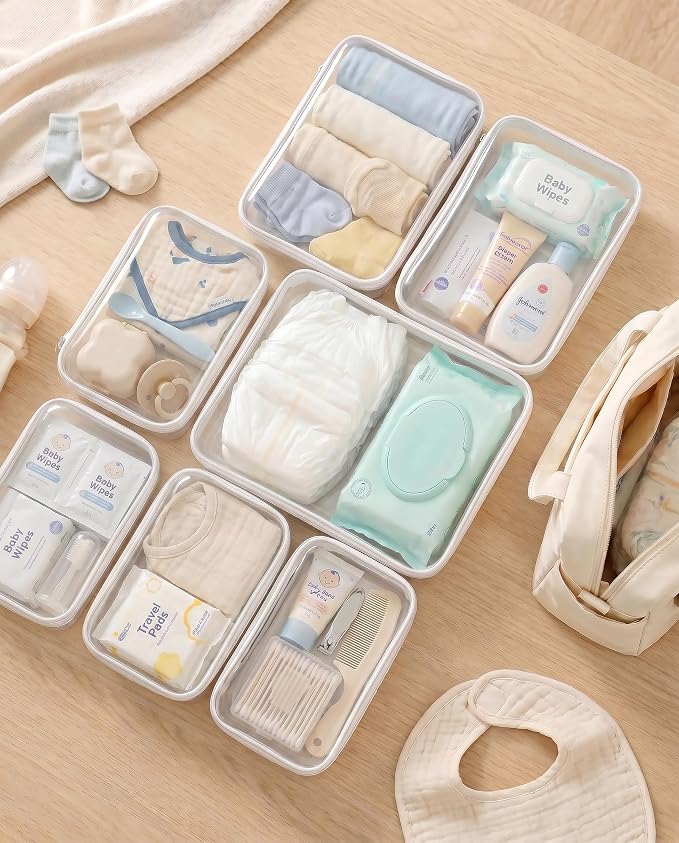 3 Pack Large Clear Hard Shell Zipper Case, Diaper Bag Organizer Pouches, Water-Resistant Travel Toiletry Bags for Baby Essentials, Toys, Cables, Crafts, Makeup, White - Image 3