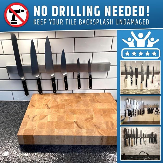 24" Strong Adhesive (No Drill) Magnetic Knife Holder for Wall - Professional Knife Strip - No Screws Needed - Adhesive Backing - Stainless Steel Knife Bar (Upgraded Version – Will Not Fall) - Image 6