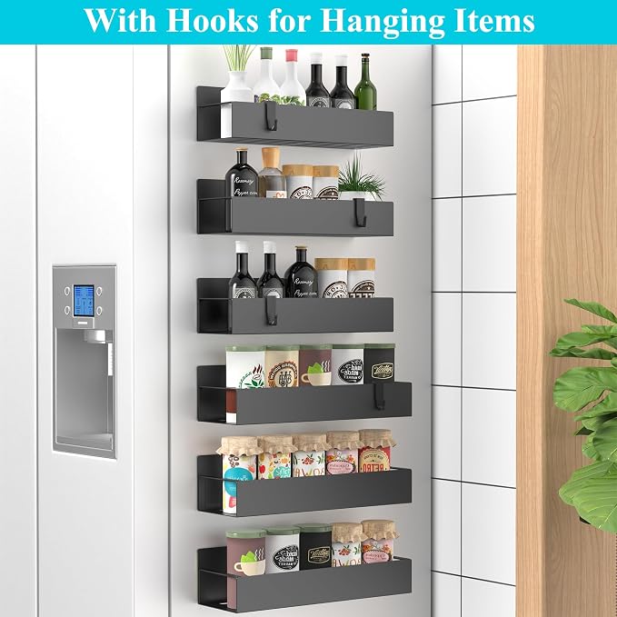HuggieGems Metal Magnetic Spice Rack for Refrigerator Matt Black, 6 Pack | Magnetic Shelves Heavy Duty for Fridge in Kitchen, Seasoning Storage Organizer, For Oven Washer and Dryer, For Heavier Items - Image 2