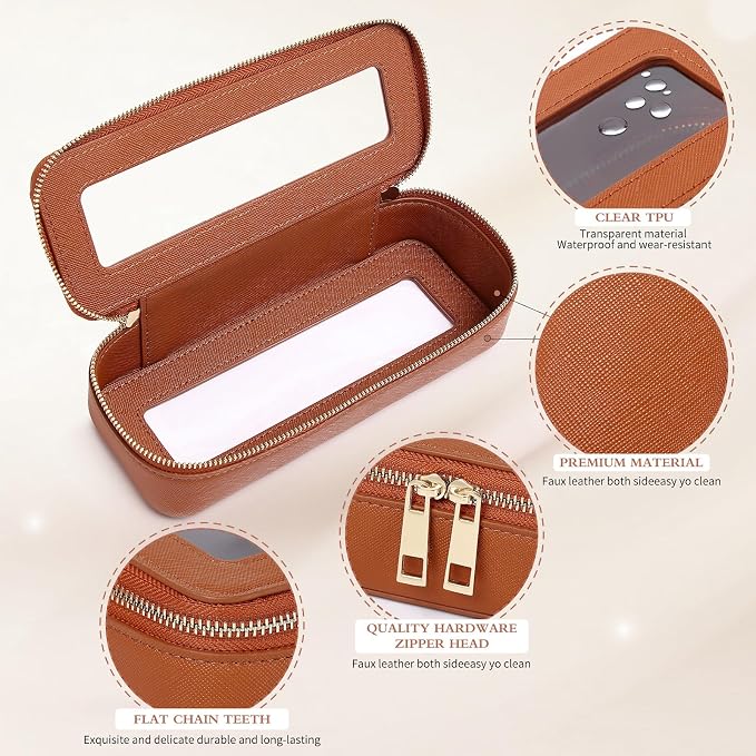 Pinkmik Makeup Brush Case, Brown, Slim | Clear Travel Cosmetic & Toiletry Bag, Small with Zipper, Purse Organizer, Car Essential Bag for Women - Image 5