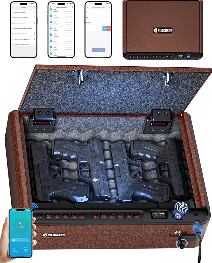 BILLCONCH Smart Gun Safe with Fingerprint, App, Keypad,LCD& Security Cable | Handgun Safe with 4 Quick-Access Methods, Voice Guidance, Built-in LED Light, Ideal for Nightstand, Bedside and Home - Brown by BILLCONCHSmartGunSafes