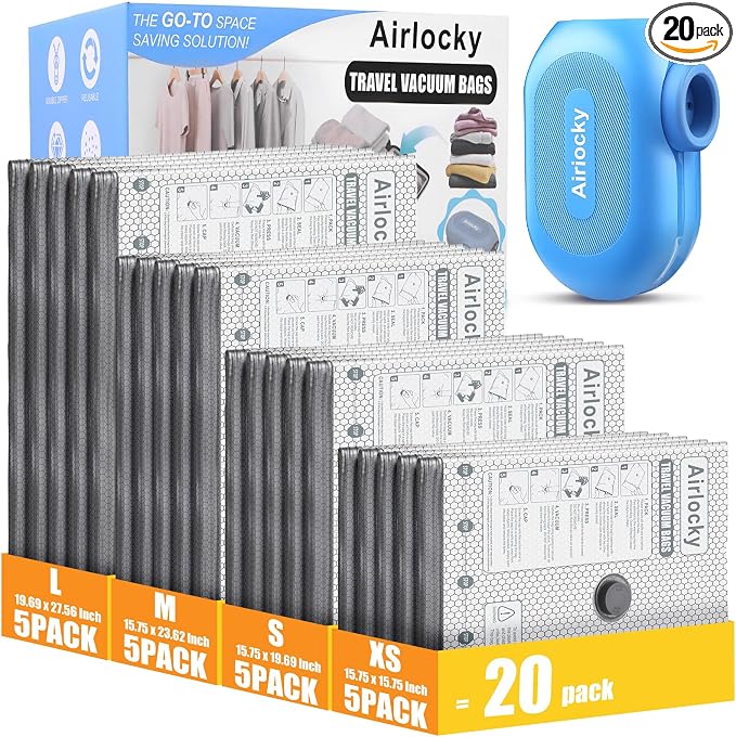 Travel Vacuum Bags with Rechargeable Pump, 20 Pack Compression Packing Bags with 35KPA Electric Pump, 90% Space Saver for Clothes, Vacuum Seal Bags fo Carry-on Luggage Suitcase by Unknown