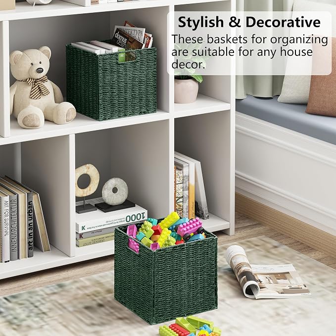Wicker Storage Basket, Set of 2 Hand-Woven Paper Rope Wicker Basket, Foldable Cube Storage Bins, 9 inch Square Storage Baskets for Organizing Shelves & Decor, Green (9″×9″×9″) - Image 4