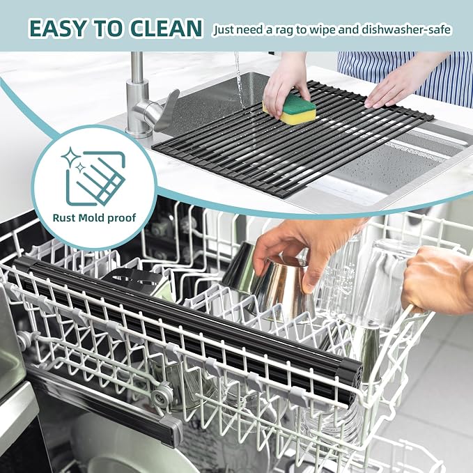 Ohuhu Over The Sink Dish Drying Rack, 20.5" W x 13.1" L Rolling Dish Drainer Foldable Sink Accessories Heat-Resistant Mat Anti-Slip Silicone Coated Dish Racks for Kitchen Counter - Image 8
