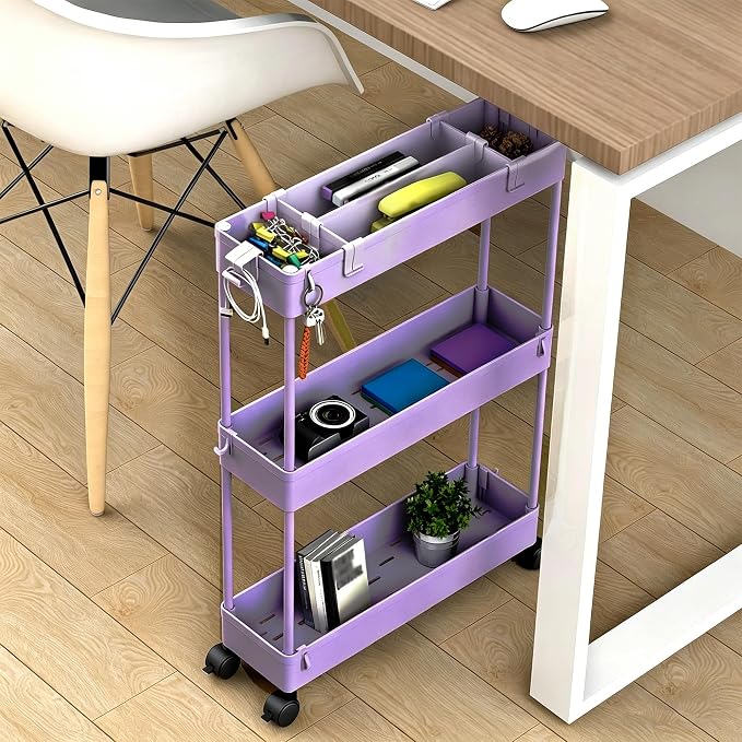 Slim Storage Cart 3 Tier,Bathroom Organizer Rolling Utility,Mobile Shelving Unit Slide Out for Office, Kitchen, Laundry Room & Narrow Places,Purple - Image 6