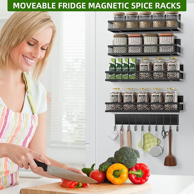 Magnetic Spice Rack for Refrigerator, 5 Pack Magnetic Shelf for Refrigerator, Moveable Fridge Magnetic Spice Racks with 10-Hook Rack for Kitchen Organizers and Storage - Image 7