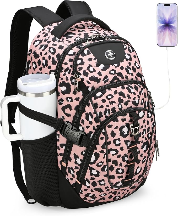 Swissdigital Laptop Backpack with USB Charging Port, Travel Backpack Fits 15.6 inches Computer, 31L Backpack for Women, Pink Leopard | SD803-102 by SwissdigitalDesign