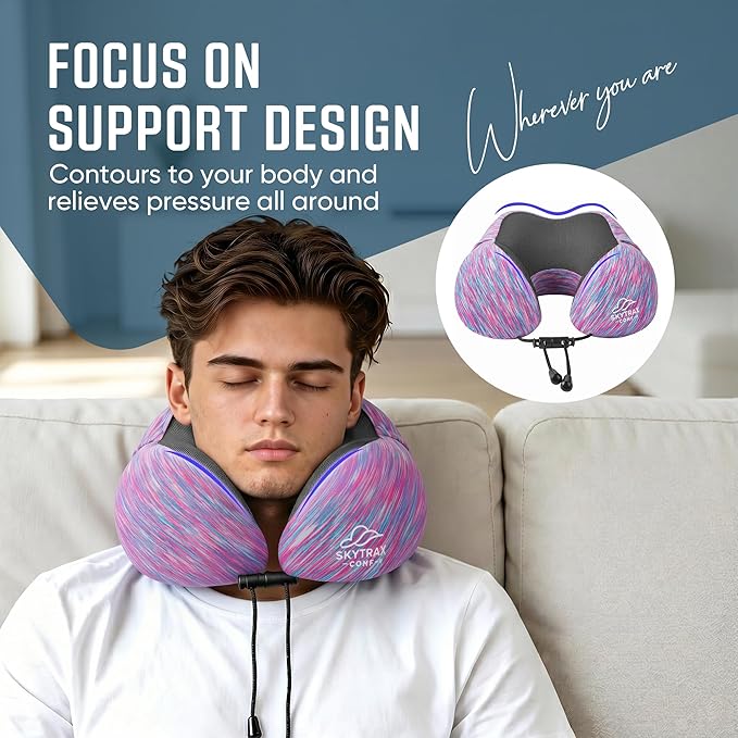 SkytraxComf® Travel Neck Pillow with Hood for Privacy on Long Flights | Memory Foam | Airplane Sleep | Safety-Tested Materials | Extra Large Hood | Chin Support | Earplugs | Washable Cover - Image 5