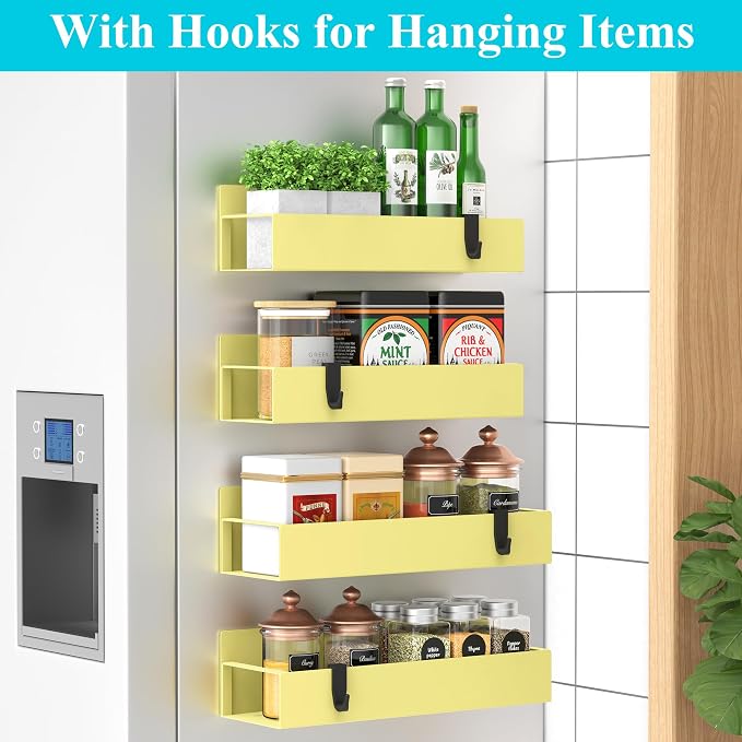 HuggieGems Metal Magnetic Spice Rack for Refrigerator Yellow, 4 Pack | Magnetic Shelves Heavy Duty for Fridge in Kitchen, Seasoning Storage Organizer, For Oven Washer and Dryer, For Heavier Items - Image 2