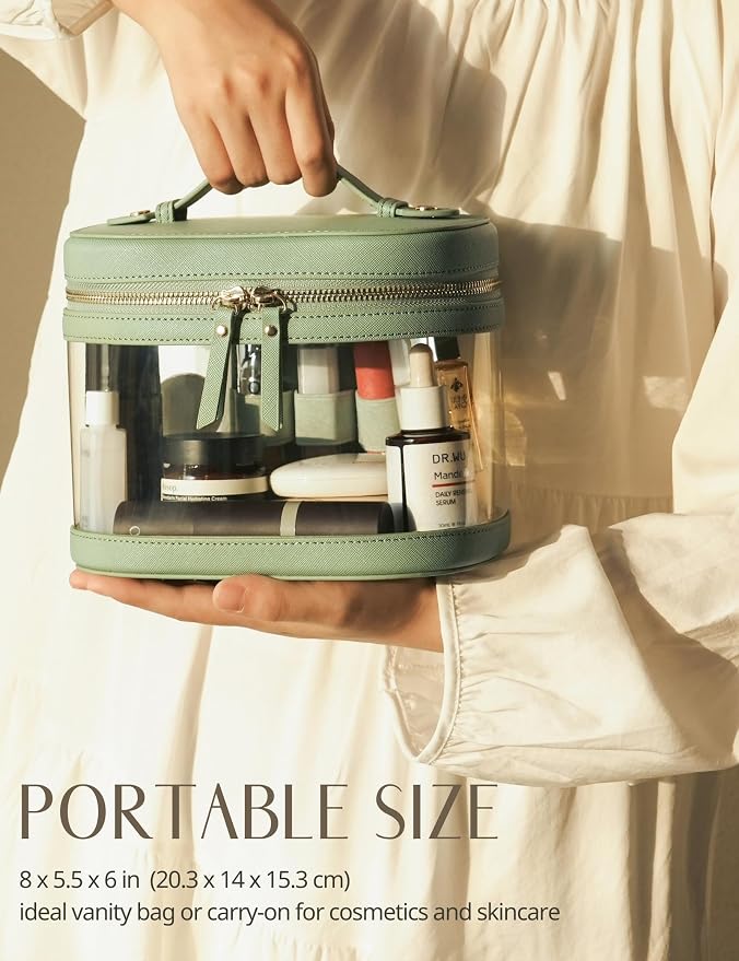 Travel Makeup Case Clear Vanity Bag with Brush Holder, Compact Leather Train Case Sage Green Make Up Bag Storage Organizer Luxury Cosmetic Case Travel Essentials Cute Portable with Handle - Image 4