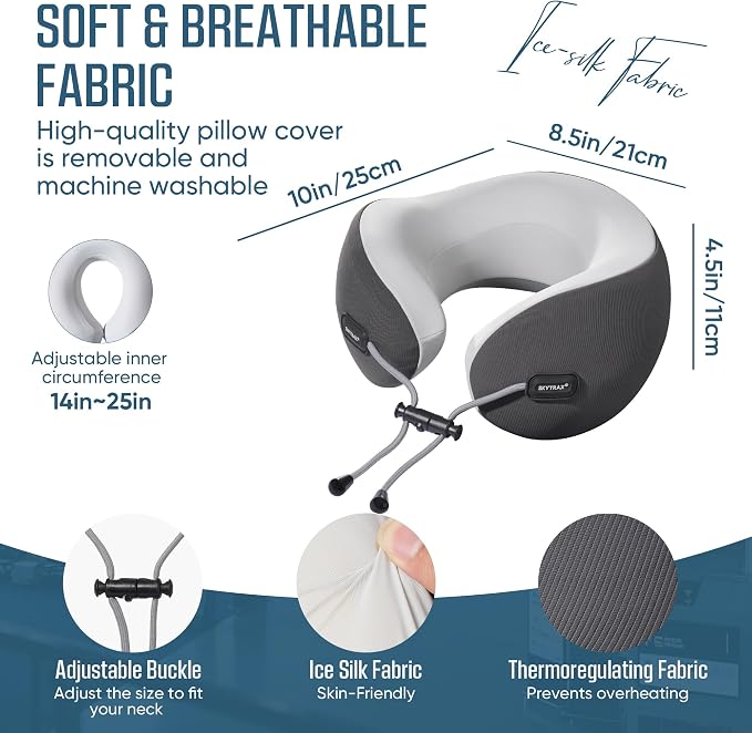 SKYTRAX COMF® Premium Ergonomic Memory Foam Travel Neck Pillow, Washable Cooling Ice Silk Cover, Firm Neck Support for Airplane Long Flights & Pain Relief, with Portable Carry Case (Grey) - Image 5