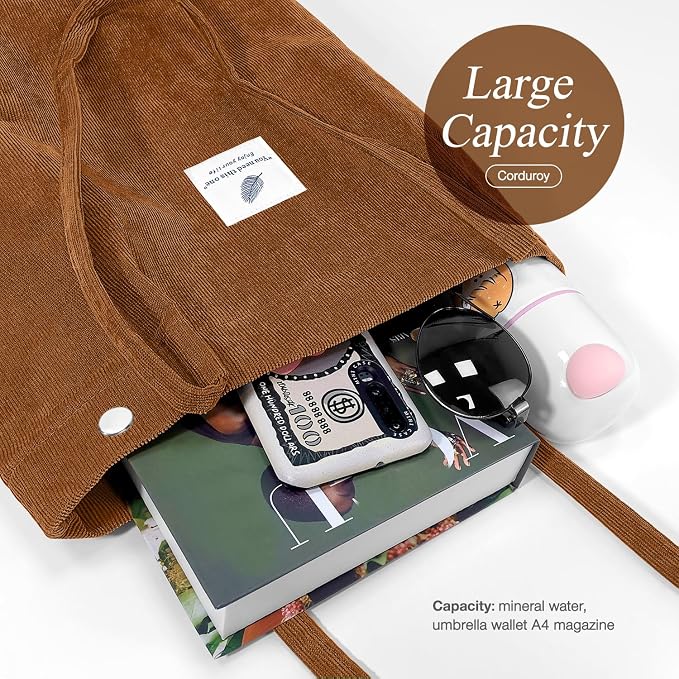 LHMTQVK Corduroy Tote Bags for Women, Large Capacity Tote Purse Reusable Grocery Shoulder Bag with Inner Pockets - Image 4