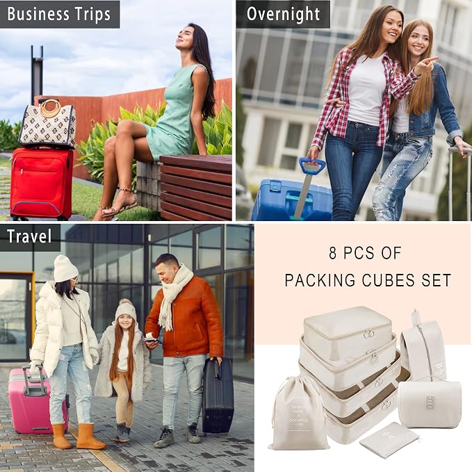 Packing Cubes, 8 Pcs Travel Packing Organizers for Suitcases, Large Capacity Travel Luggage Organizers Set includes 8 Storage Bags (Beige) - Image 7