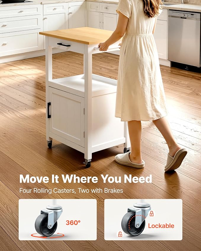VEVOR Kitchen Island Cart with Single Door Cabinet, Mobile Carts with Drawer, Towel Rack, Hooks, Portable Table on Swivel Wheels, Small Coffee Islands Microwave Stand for Dining Room, 18x23 in, White - Image 7