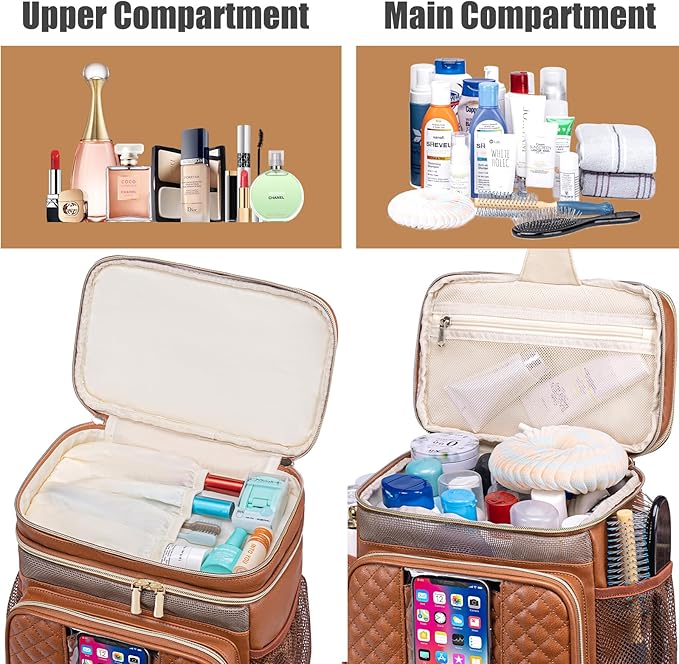Large Leather Toiletry Bag for Women Men,Bathroom Bag,Water Resistant Shower Bag,Makeup Bag,Portable Shower Caddy for College Dorm,Hanging Travel Toiletry Bag with Transparent Waterproof Phone Pocket - Image 6