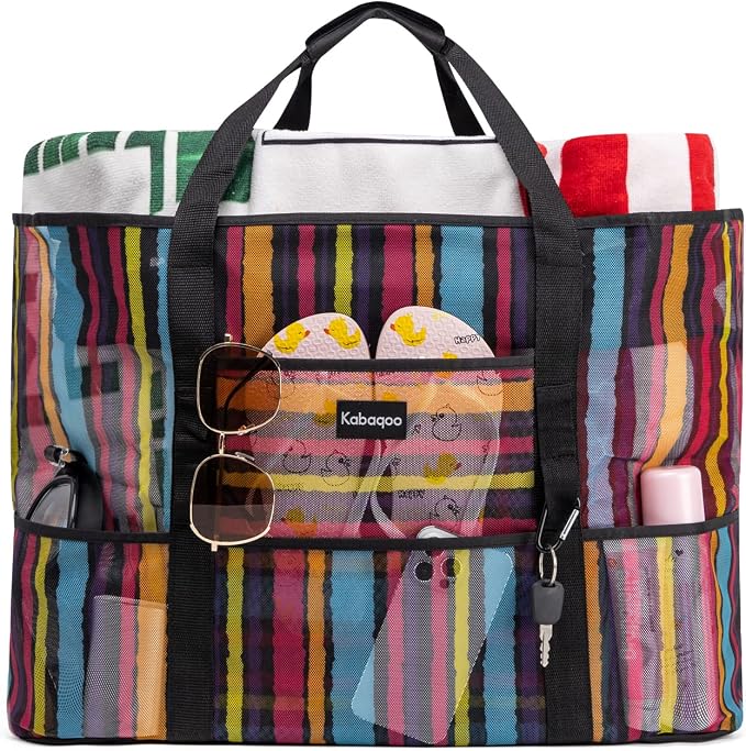 KABAQOO Mesh Beach Bag, Extra Large Beach Bags with 9 Pockets & Zipper Waterproof Lightweight Beach Tote for Beach/Pool Trip by KABAQOO