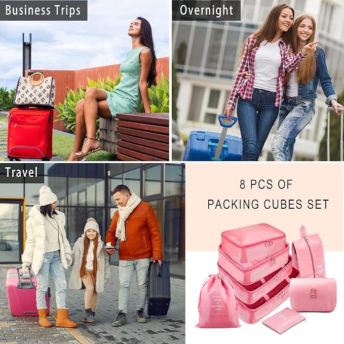 Packing Cubes, 8 Pcs Travel Packing Organizers for Suitcases, Large Capacity Travel Luggage Organizers Set includes 8 Storage Bags for Women or Men (Pink) - Image 7