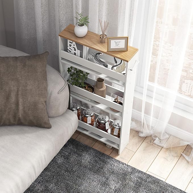COSTWAY Slim 4-Tier Rolling Utility Cart, Wooden Shelving Unit with Handle & Wheels, Ideal for Small Spaces - Image 3