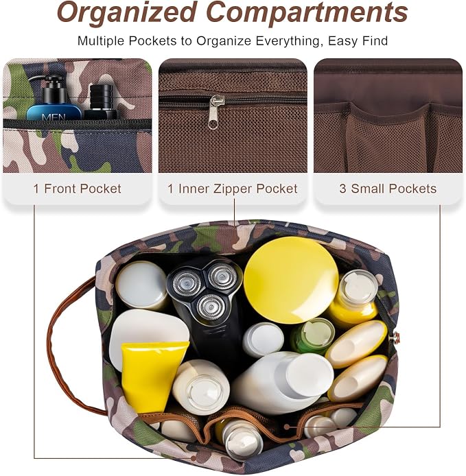 Travel Toiletry Bag for Men, Hanging Toiletry Organizer, Water Resistant Shaving Kit with Large Capacity for Travel Accessories (Camo-Bright Green, Medium) - Image 4