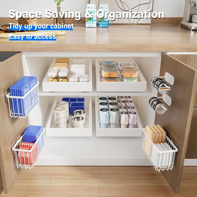 Mustorn 4 Pack Adhesive Cabinet Door Organizer, Lid Organizers Inside Cabinet Food Container/Tumbler Lid Organizer and Storage Cup Lids Holder for Kitchen & Bathroom Wall Mounted(White) - Image 3