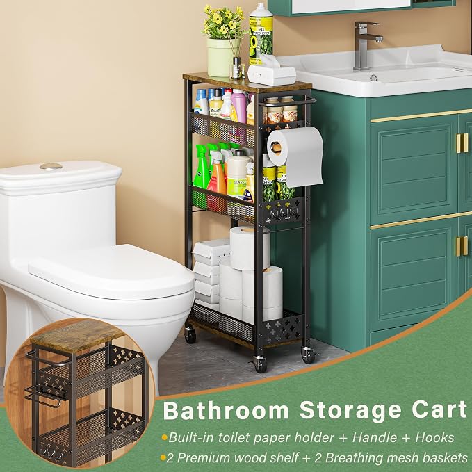 OKZEST Slim Bathroom Organizers and Storage Cart with Toilet Paper Holder | Upgraded metal hub casters, 4-Tier space-saving narrow rolling cart, Premium wood & metal mesh shelves, Holds tall bottles - Image 2