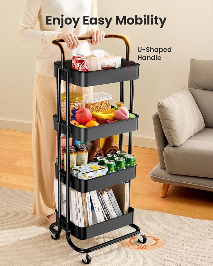 Pipishell Metal 4 Tier Rolling Cart with Handle & 2 Lockable Wheels, Black | Four Large 2" Wheels for Easy Motion, Sturdy Metal, Hold 22 lbs per Shelf, Ideal for Nursery Room, Living Room, Painting Room - Image 3